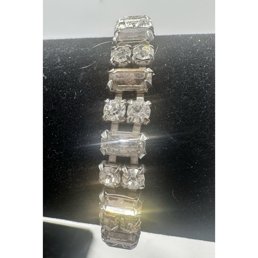 Vintage Kramer Rhinestone Tennis Bracelet Silver Tone Baguette Crystal